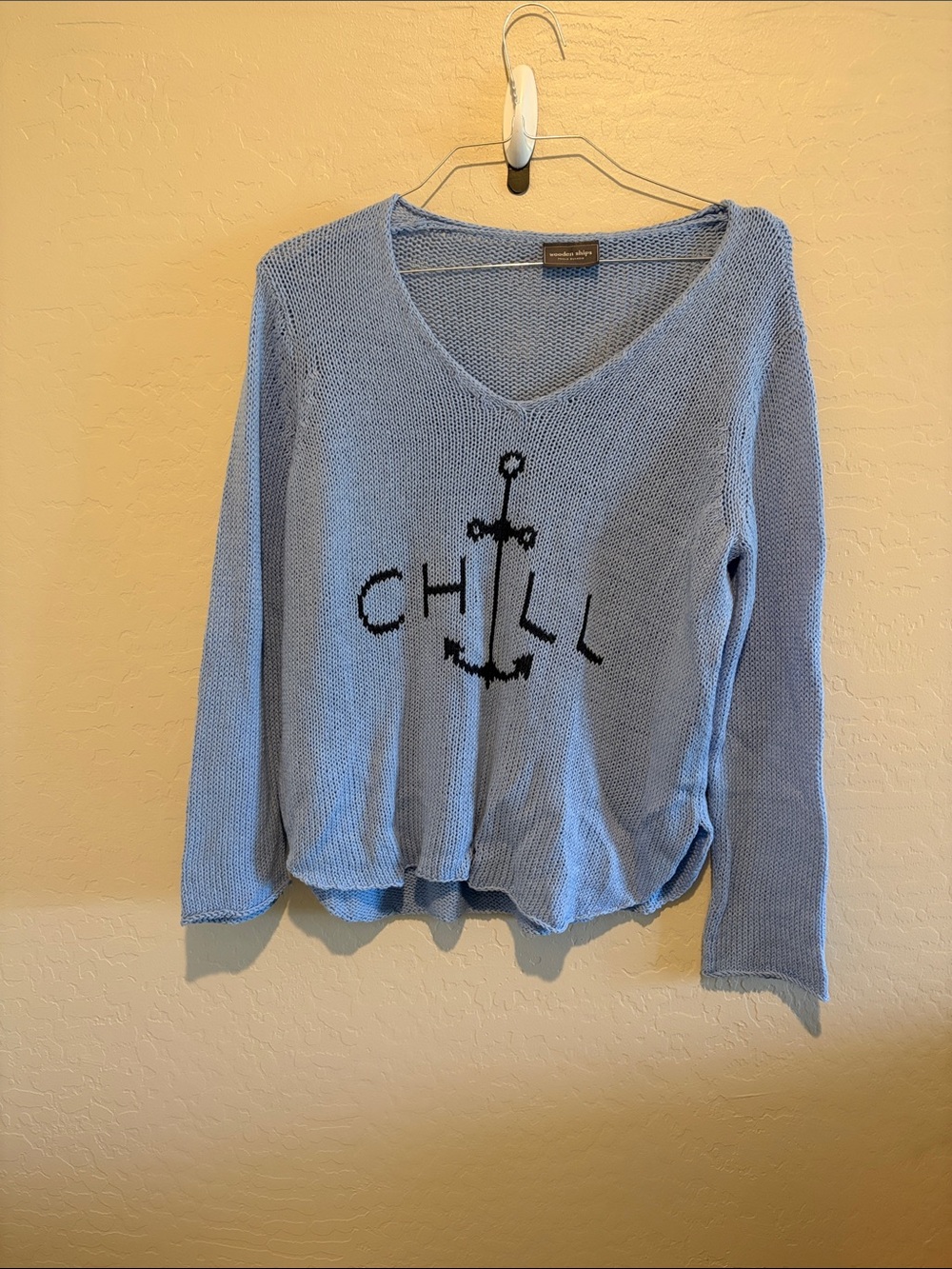 Wooden Ships Light Blue V-Neck Sweater with Black Anchor 'CHILL' Graphic